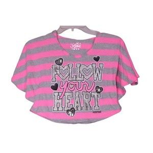 Justice Follow Your Heart Heart Shirt Top Size 6 Shiny Pink Gray Striped Hooded